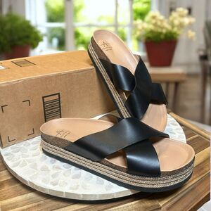 Aquatalia $295 Ariana Espadrille Platform Slide Sandals Black Leather Slip-On Wo